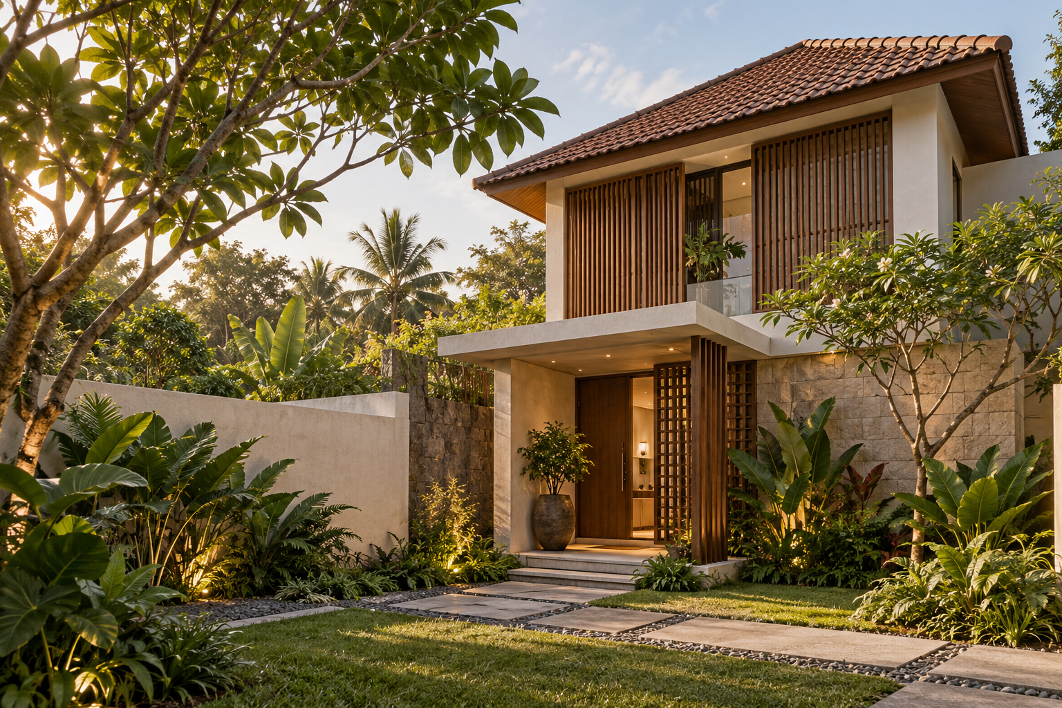 Ilustrasi arsitektur rumah tropis dengan taman dan material alami